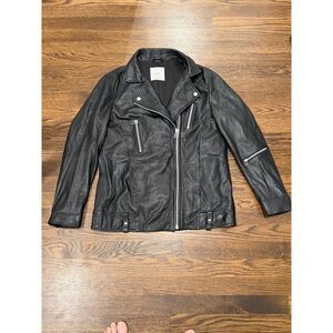MNG Mango Genuine Leather Moto Jacket Black Biker Notched Lapel Womens S
